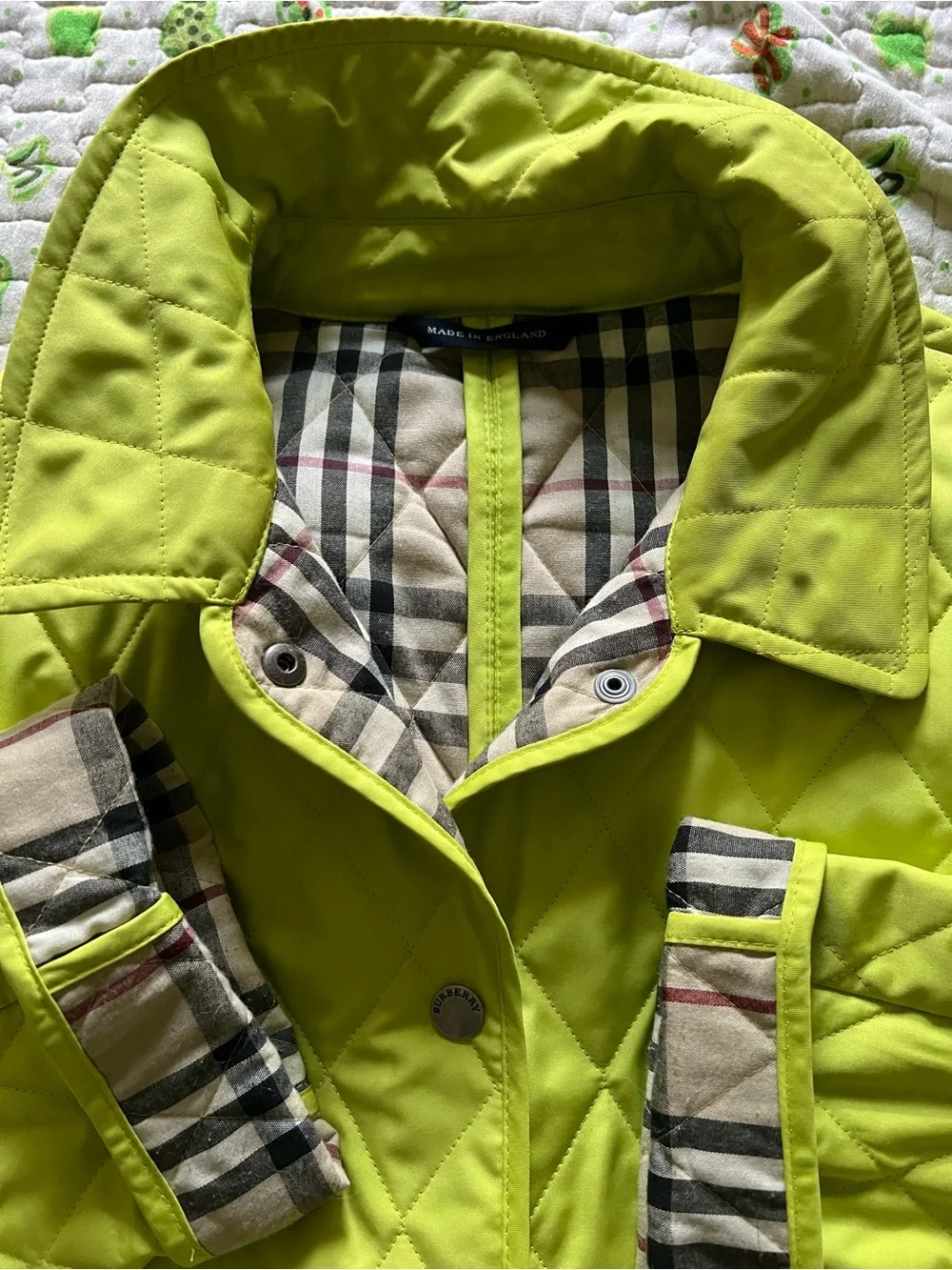 Burberry Quilted Lime Green Jacket with Plaid Lining